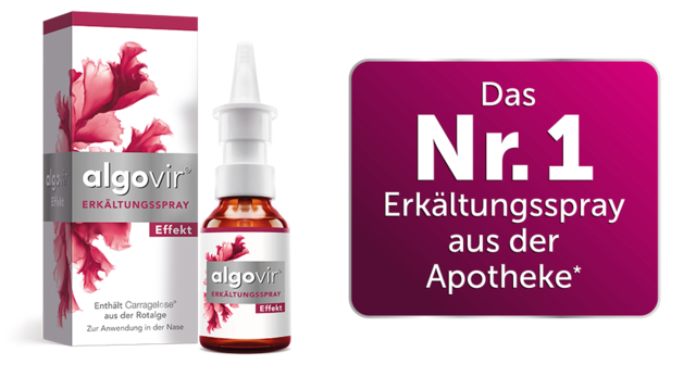 algovir® Effekt Faltschachtel und Sprühflasche, daneben Siegel „Das Nr. 1 Erkältungsspray aus der Apotheke“