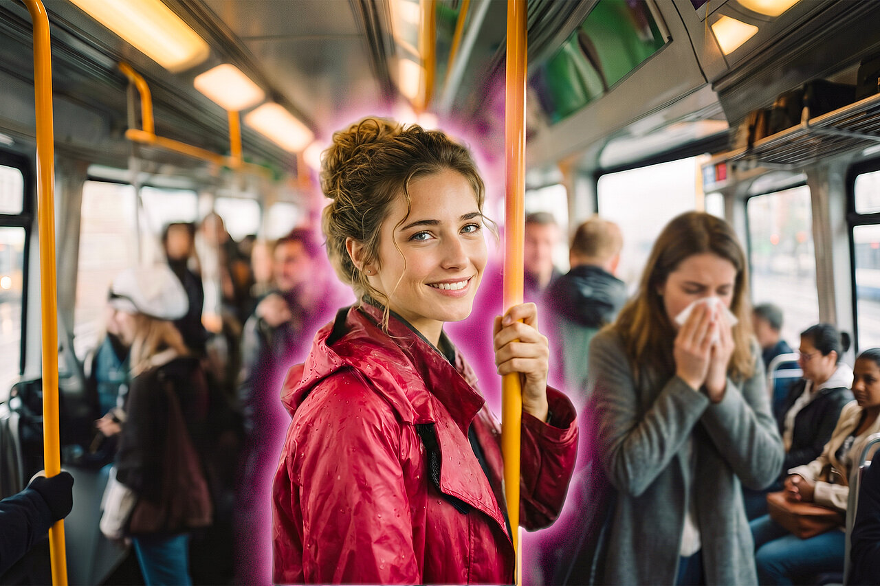 Lächelnde Frau steht, umgeben von einem pinken Schutzschimmer, in einer vollen Bahn, während andere Fahrgäste niesen