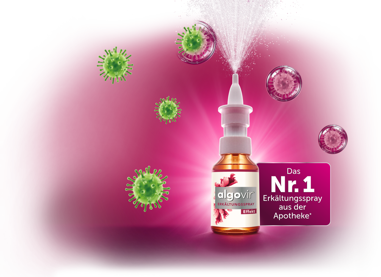 algovir® Erkältungsspray versprüht feinen Nebel, umgeben von Erkältungsviren. Siegel: Das Nr. 1 Erkältungsspray aus der Apotheke